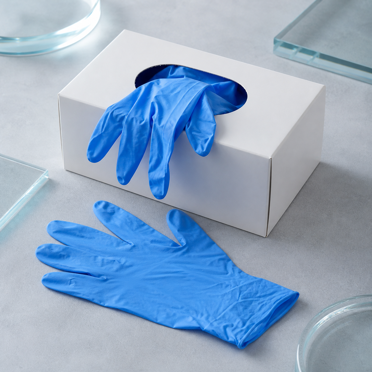 Blue nitrile examination gloves with medical dispenser box