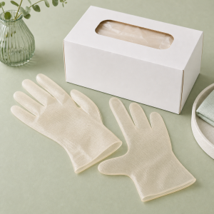 Beige TPE disposable grip gloves with dispenser box