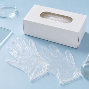 Clear vinyl disposable gloves with dispenser box